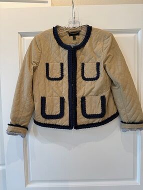 J Crew Quilted Tan Jacket with Navy Trim